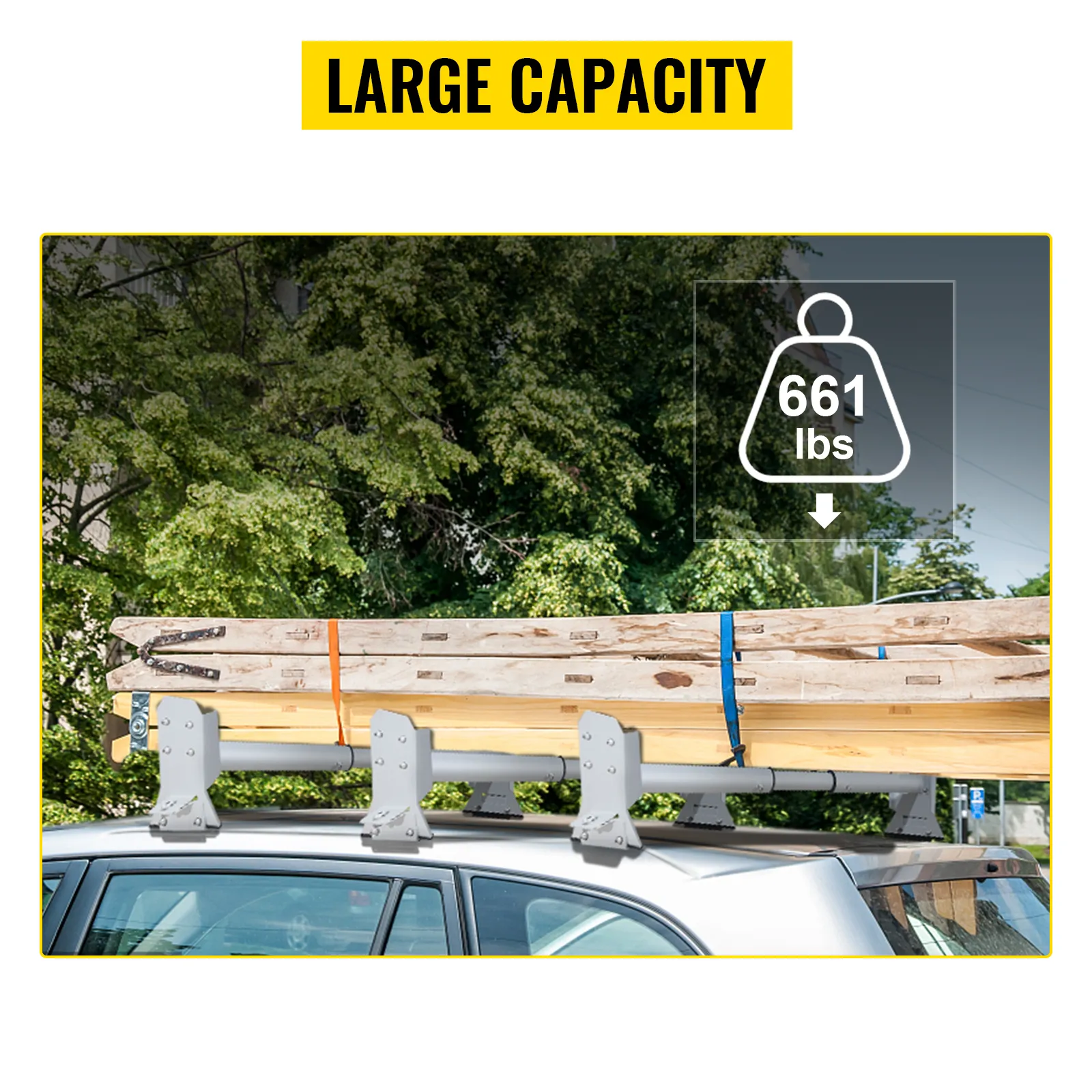 VEVOR van roof ladder rack holding 661 lbs of wooden planks with text "large capacity".