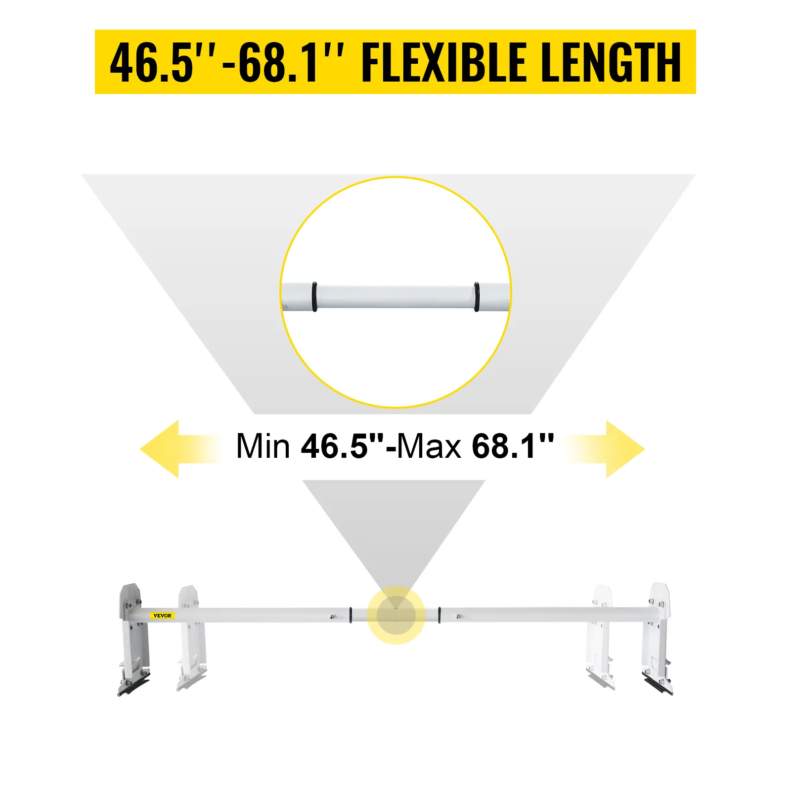 VEVOR van roof ladder rack with adjustable length from 46.5" to 68.1", highlighted in yellow text.