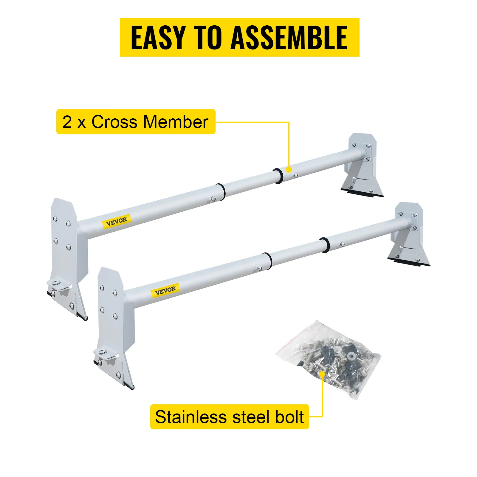 VEVOR van roof ladder rack with 2 cross members and stainless steel bolts, labeled easy to assemble.