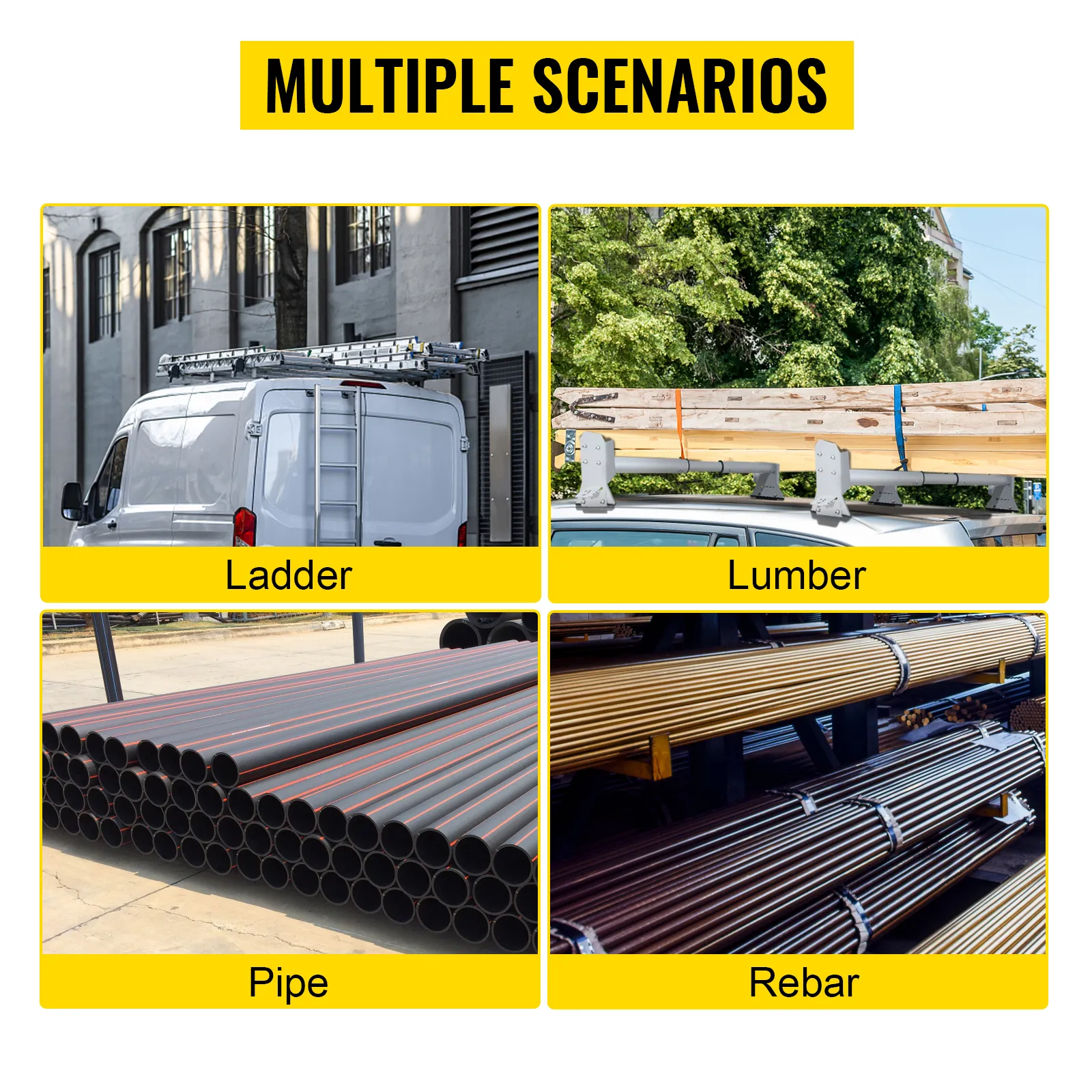 VEVOR van roof ladder rack carrying ladder, lumber, pipe, and rebar in multiple scenarios.