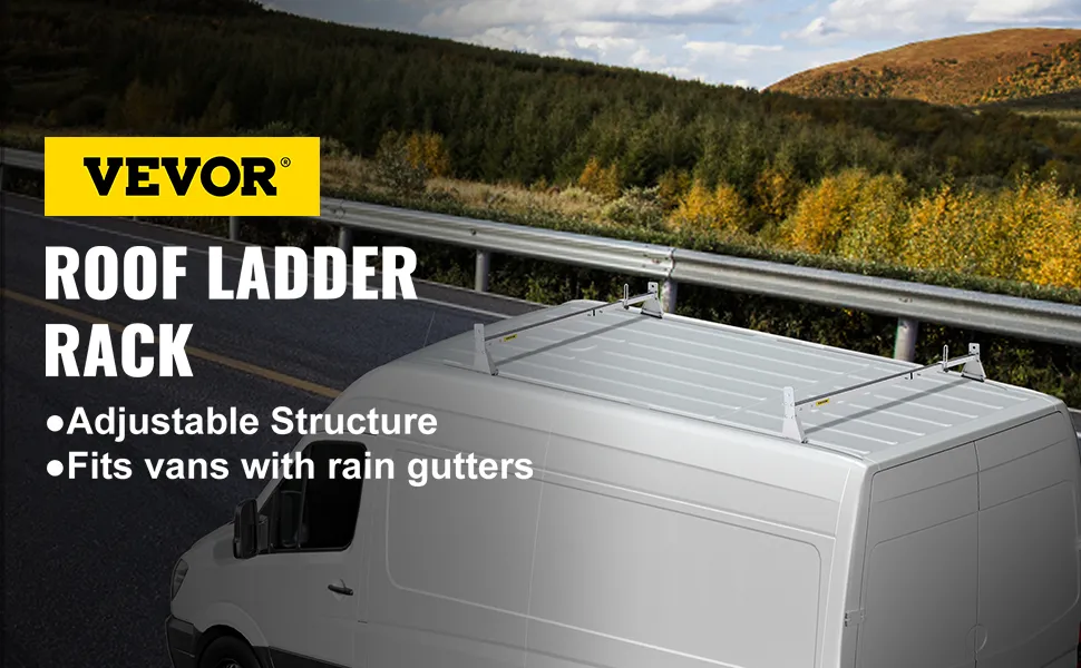 VEVOR van roof ladder rack on a white van, adjustable structure, fits vans with rain gutters.