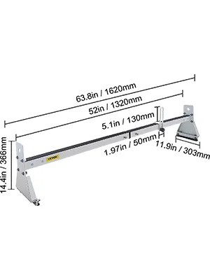 VEVOR van roof ladder rack with dimensions: 63.8in max length, 5.1in height, 14.4in width.