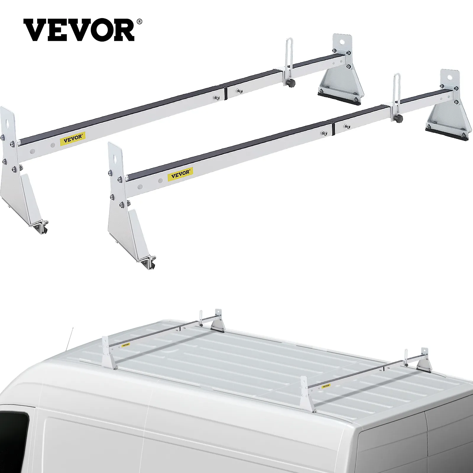 VEVOR van roof ladder rack installed on white commercial van, showcasing durable construction.