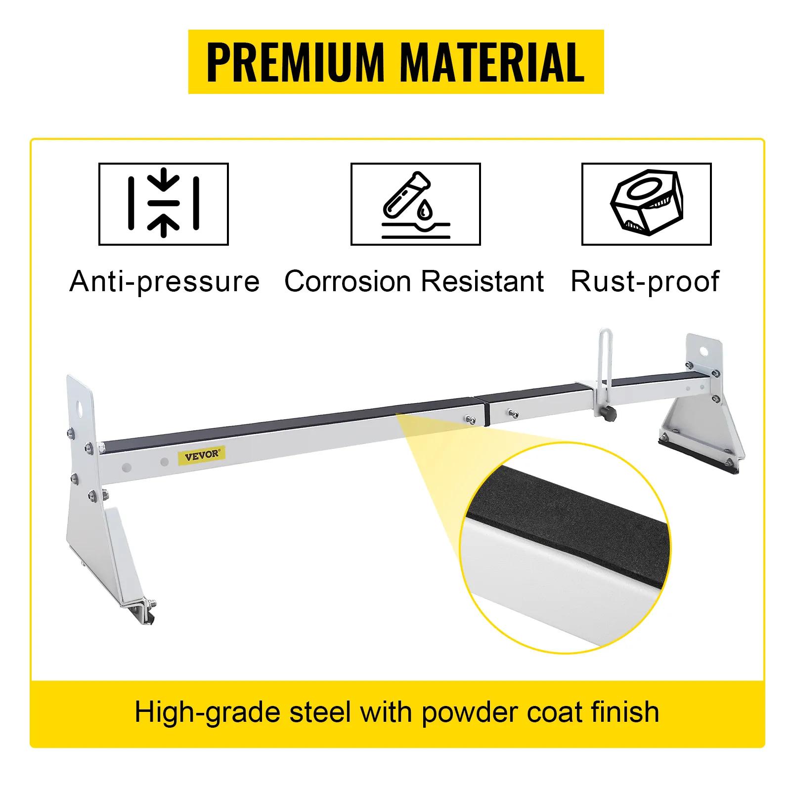 VEVOR van roof ladder rack made from high-grade steel, anti-pressure, corrosion-resistant, and rust-proof.