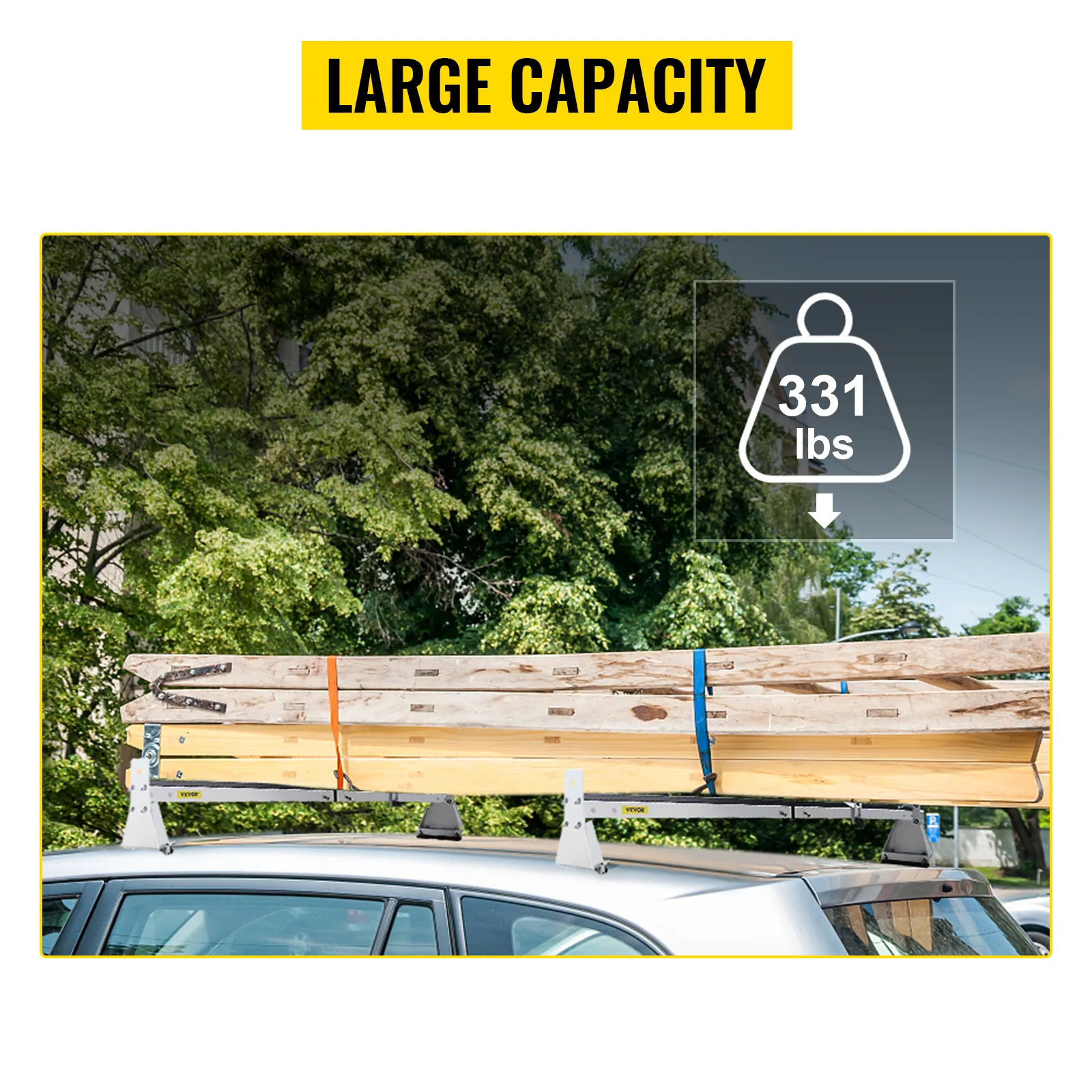 large capacity VEVOR van roof ladder rack holding wooden planks, supports up to 331 lbs.