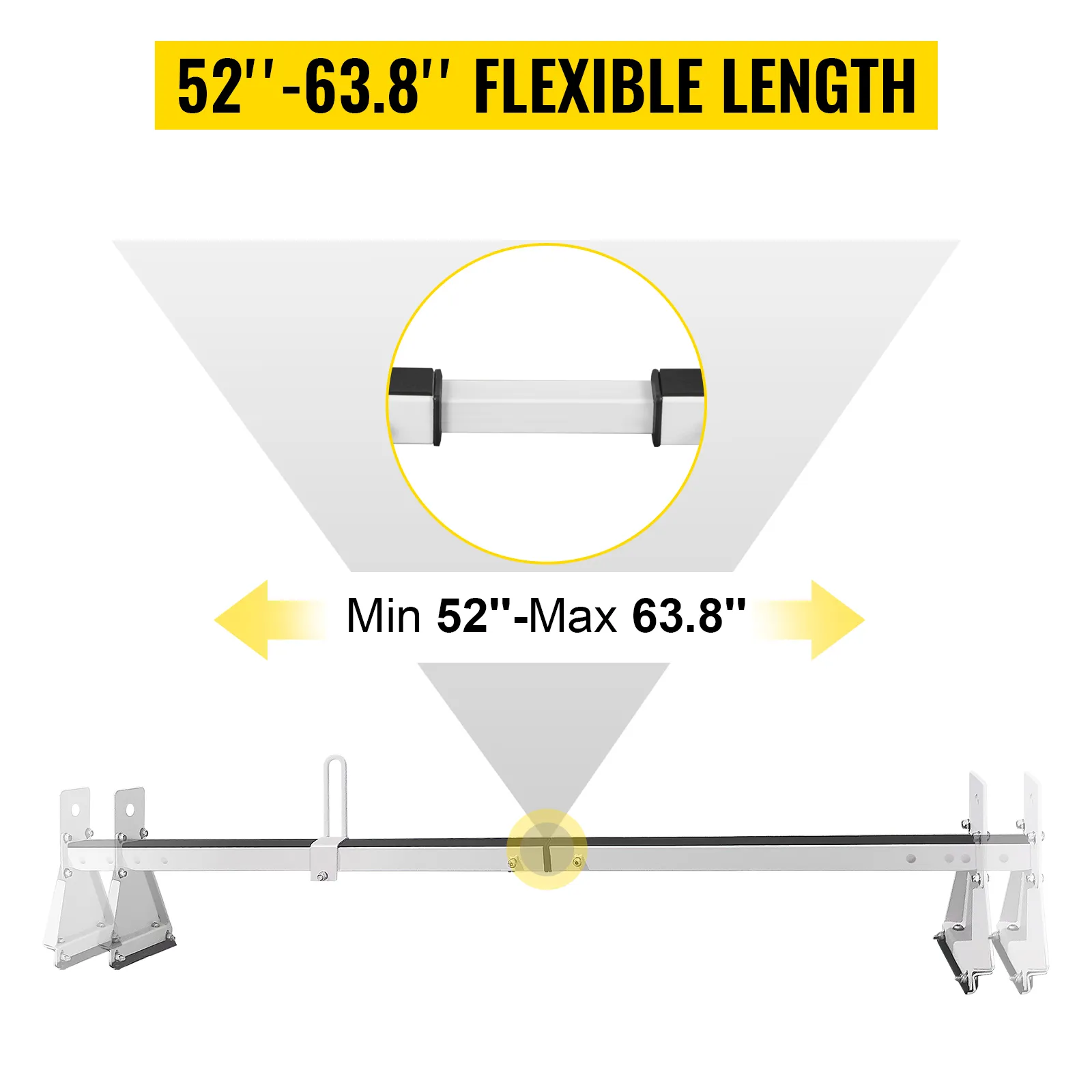 VEVOR van roof ladder rack with adjustable length from 52 to 63.8 inches.