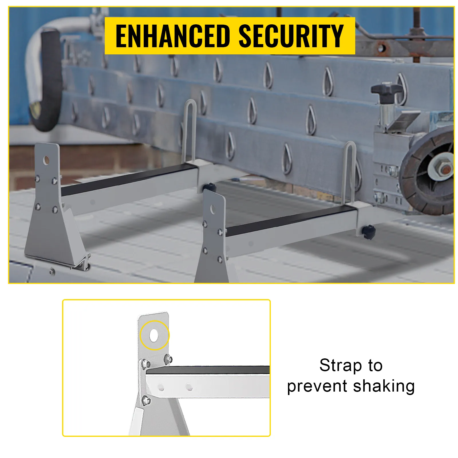 VEVOR van roof ladder rack with enhanced security and anti-shaking strap, shown in close up view.