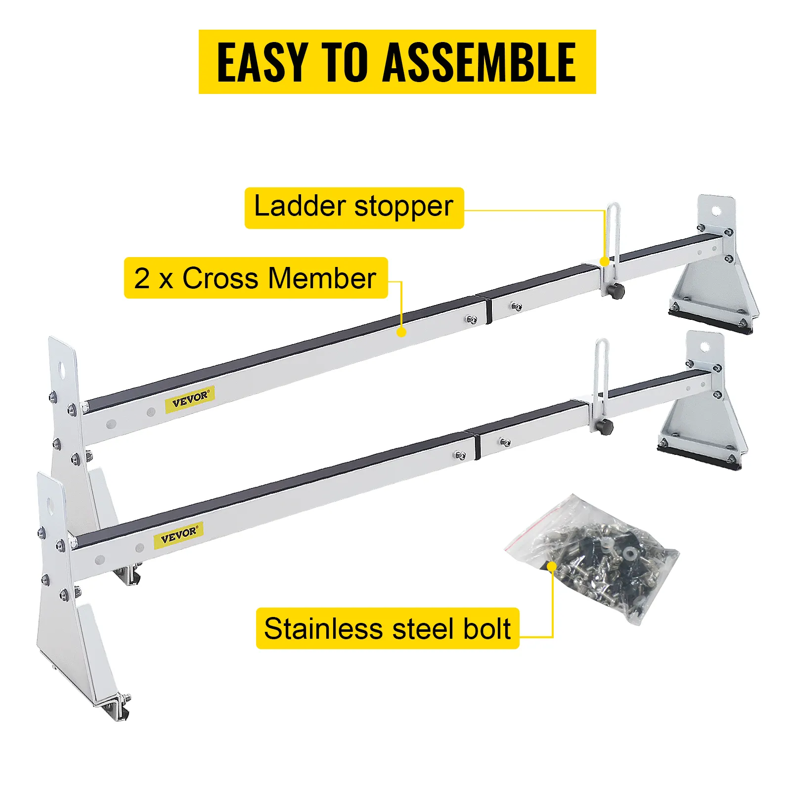 VEVOR van roof ladder rack, easy to assemble with ladder stopper, two cross members, stainless steel bolts.