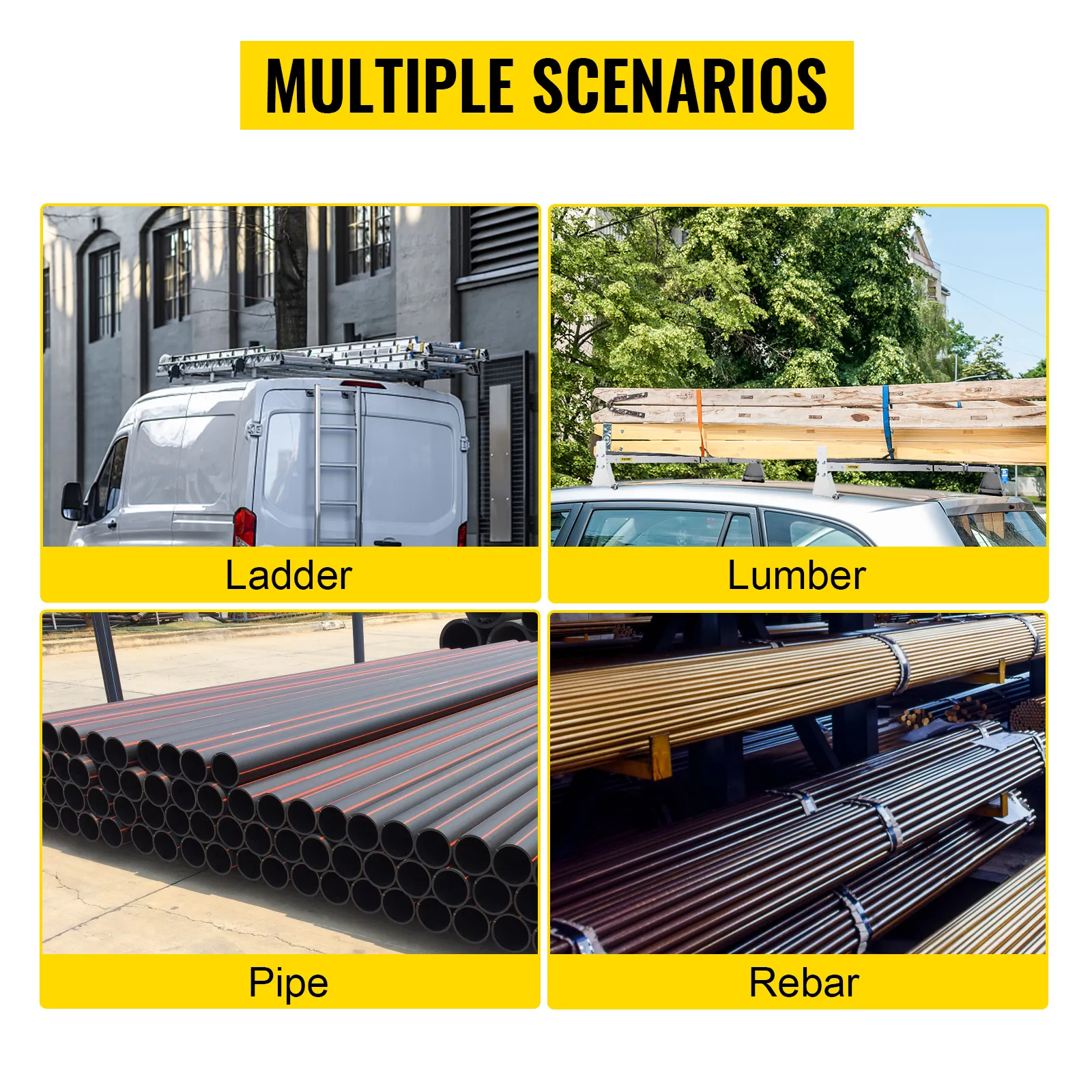 VEVOR van roof ladder rack carrying ladders, lumber, pipes, and rebar in different scenarios.