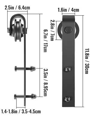 VEVOR sliding barn door hardware kit with measurements and components detailed.