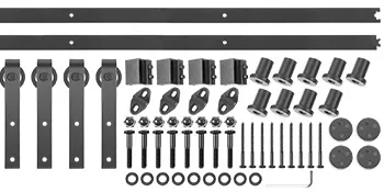 VEVOR sliding barn door hardware kit with tracks, rollers, brackets, and screws.