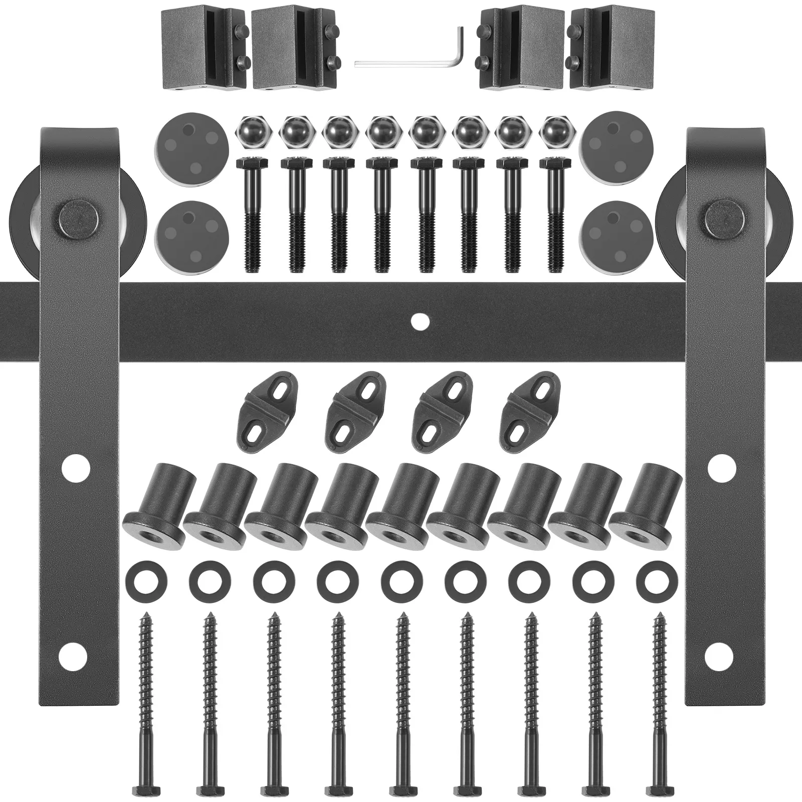 VEVOR sliding barn door hardware kit with screws, rollers, and brackets.