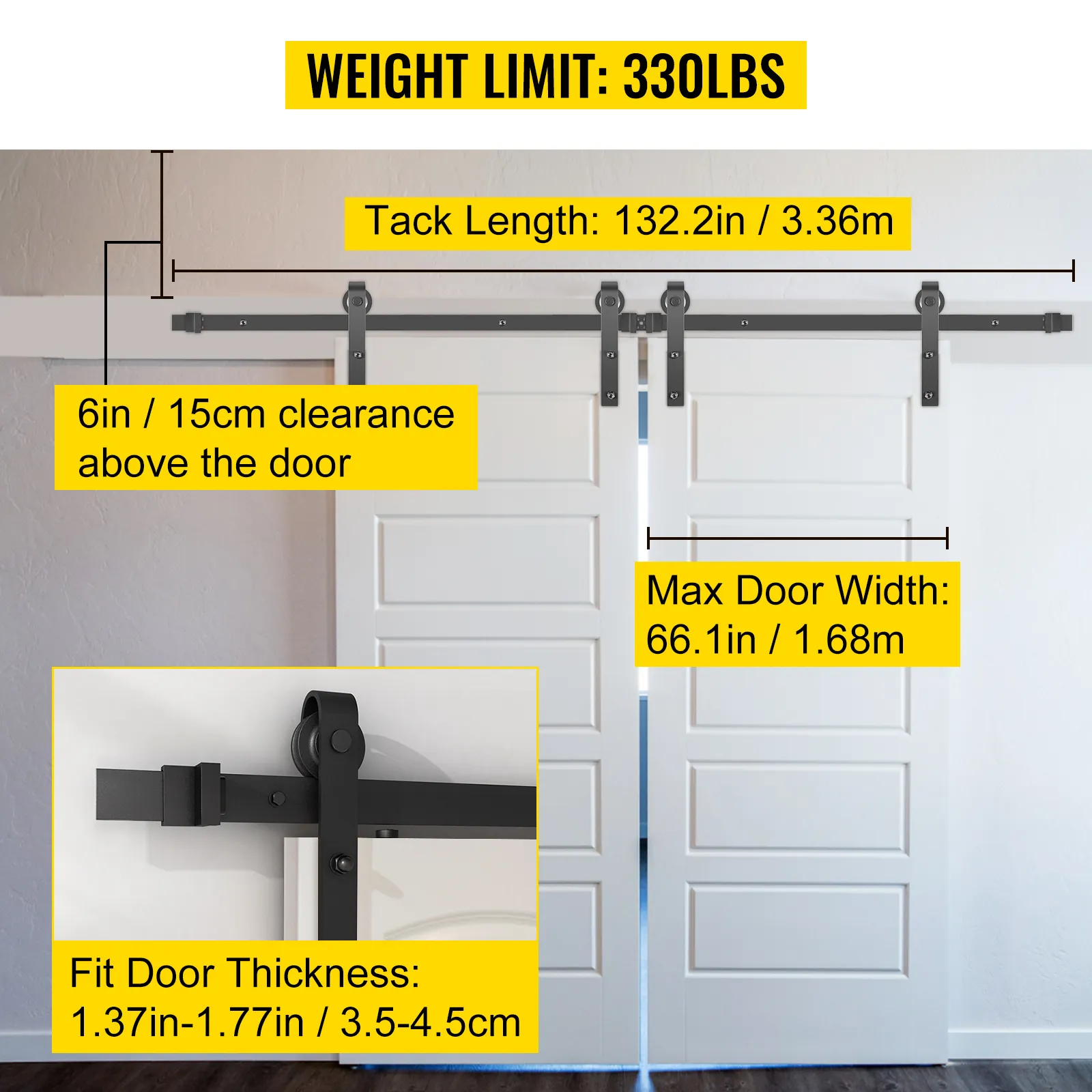 VEVOR sliding barn door hardware kit with 330lbs weight limit, 132.2in tack length.