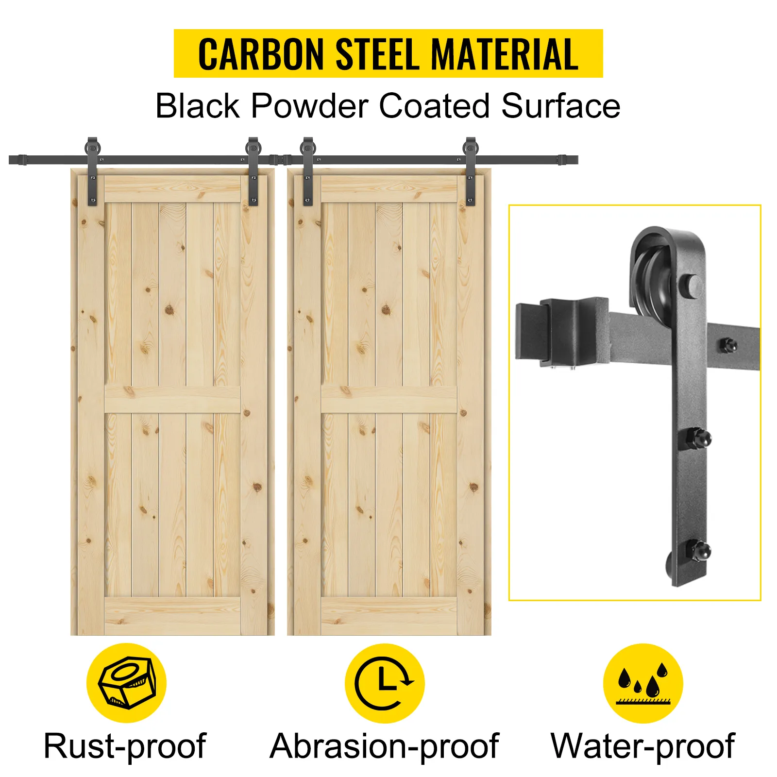 VEVOR sliding barn door hardware kit, carbon steel, rust-proof, abrasion-proof, waterproof.