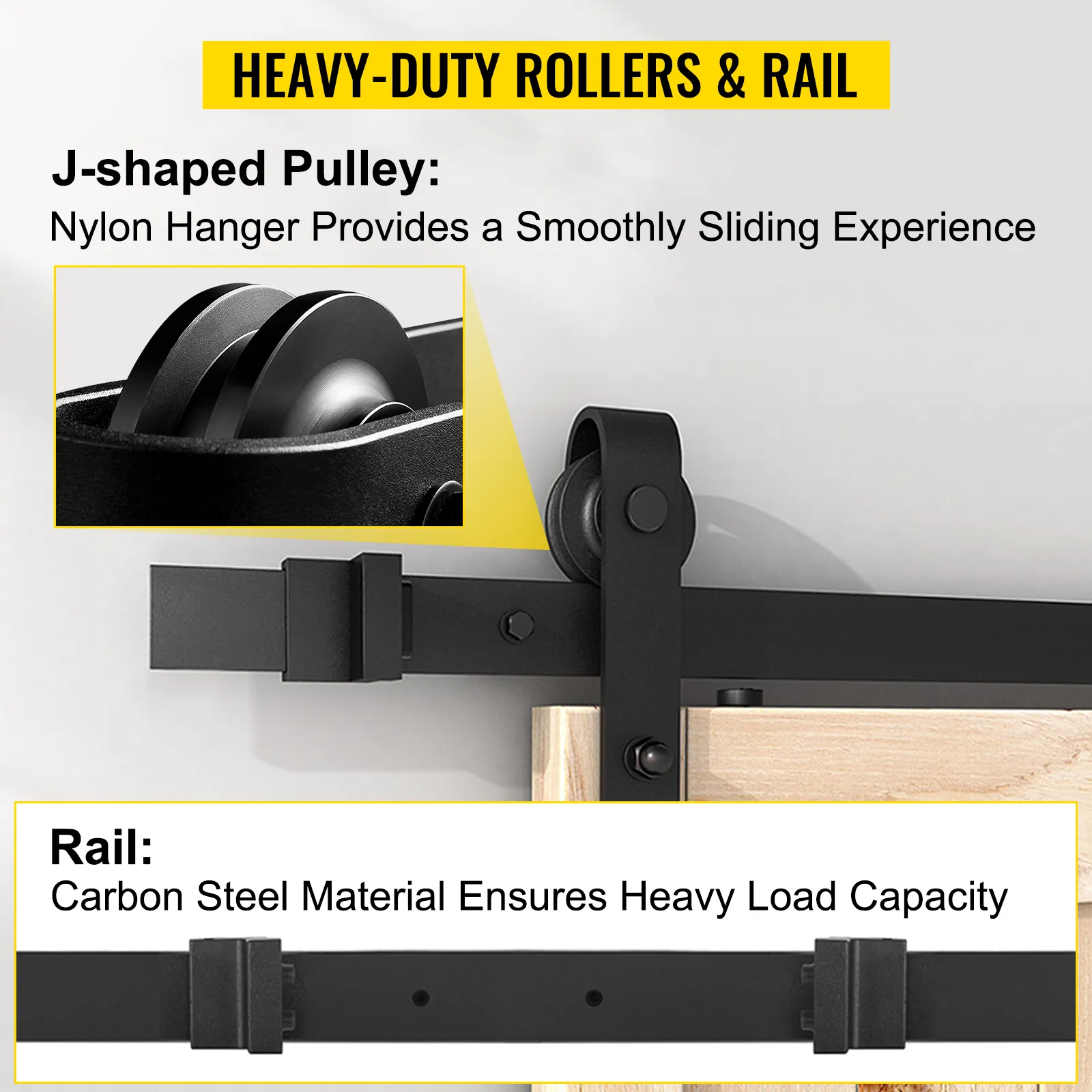 VEVOR sliding barn door hardware kit with nylon j-shaped pulley and carbon steel rail.