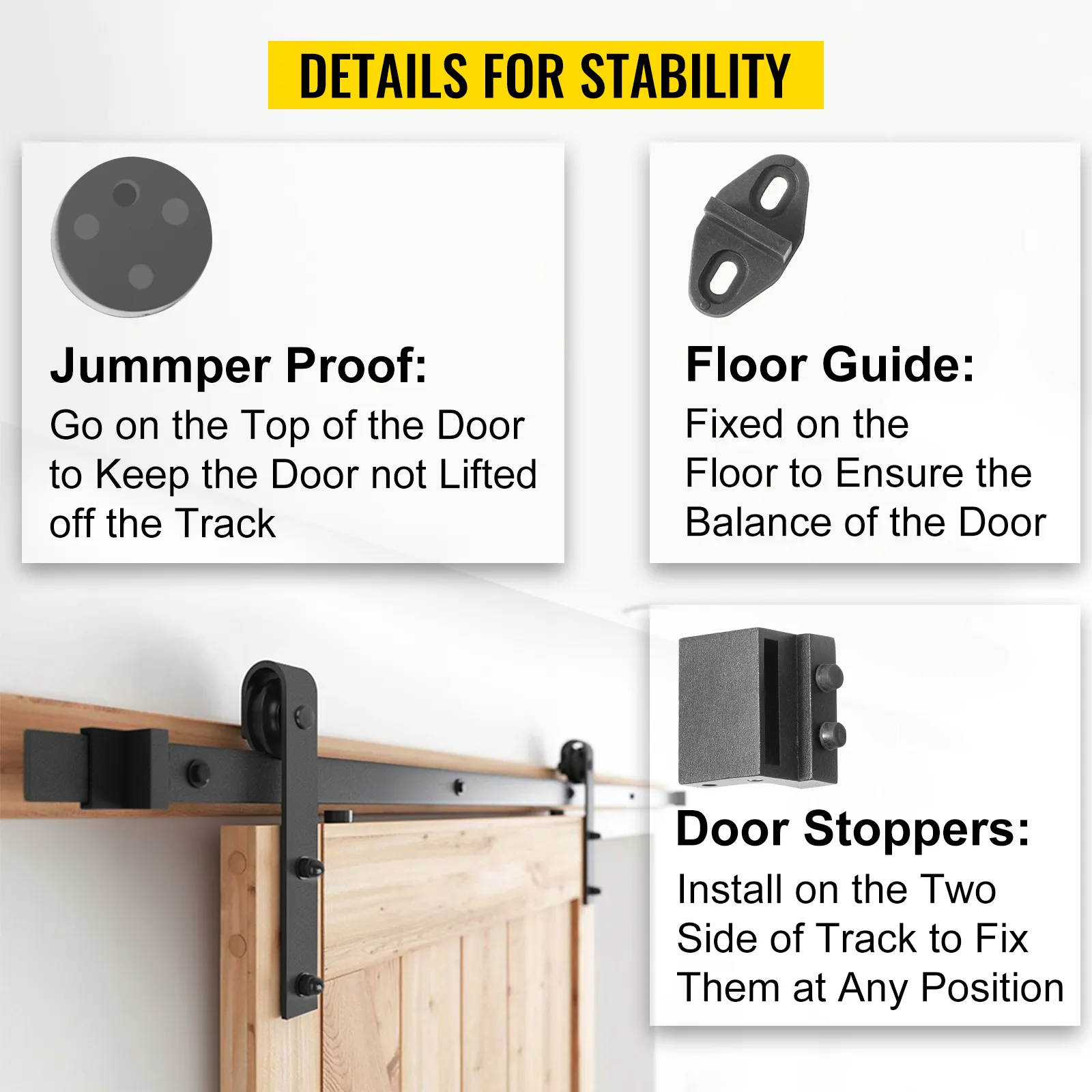 VEVOR sliding barn door hardware kit detailing parts like jumper proof, floor guide, stoppers.