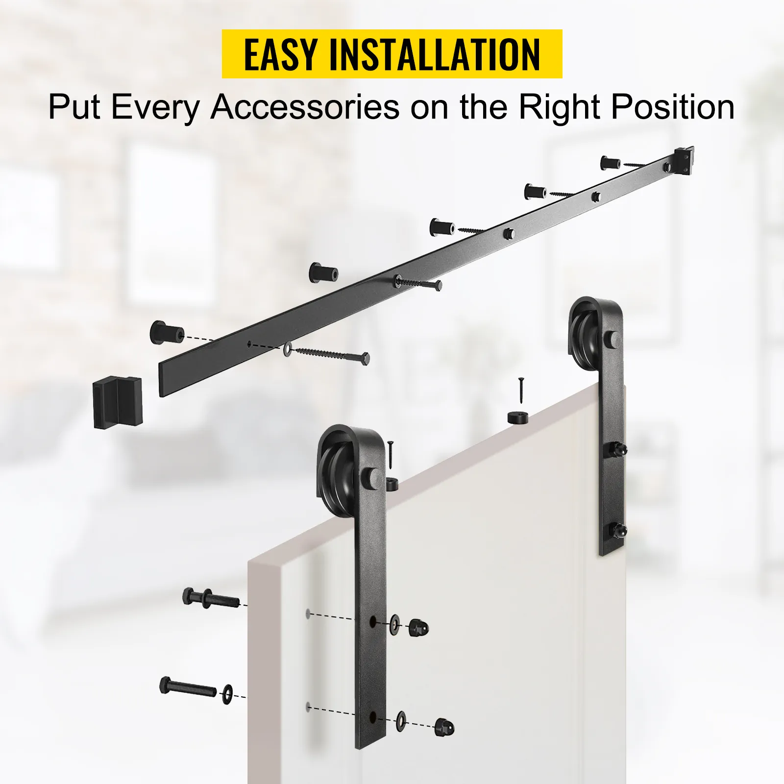 easy installation of VEVOR sliding barn door hardware kit illustrated step-by-step.