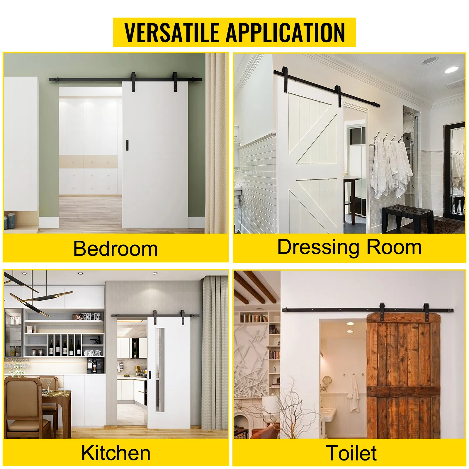 VEVOR sliding barn door hardware kit in bedroom, dressing room, kitchen, and toilet.
