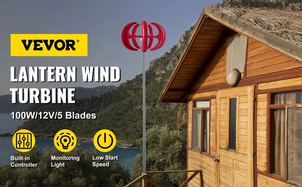 Turbina eolica a lanterna VEVOR vicino a una baita in legno, 100 W, 12 V, 5 pale in un ambiente panoramico.