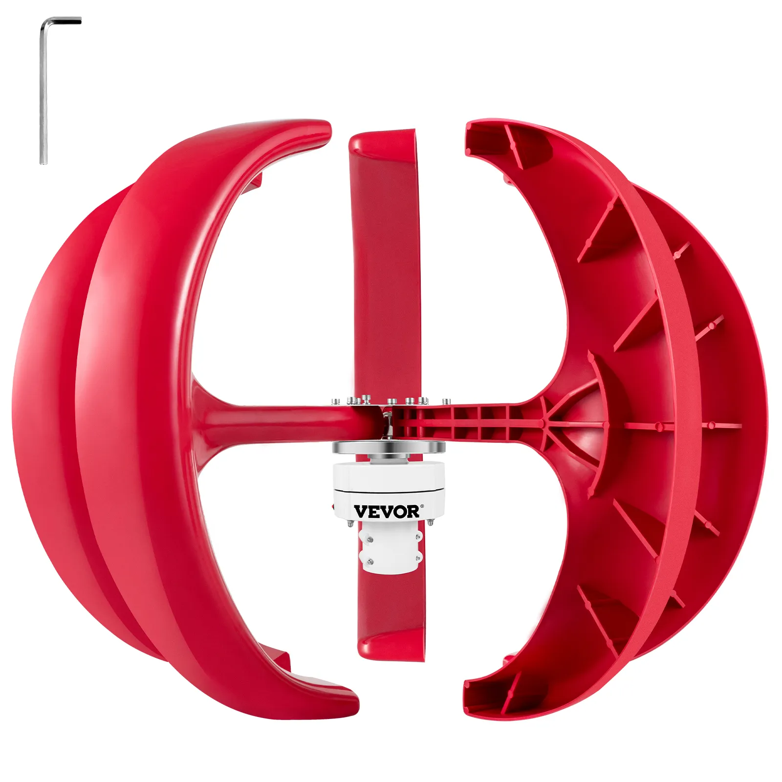turbina eolica a lanterna rossa VEVOR con chiave esagonale su sfondo bianco.