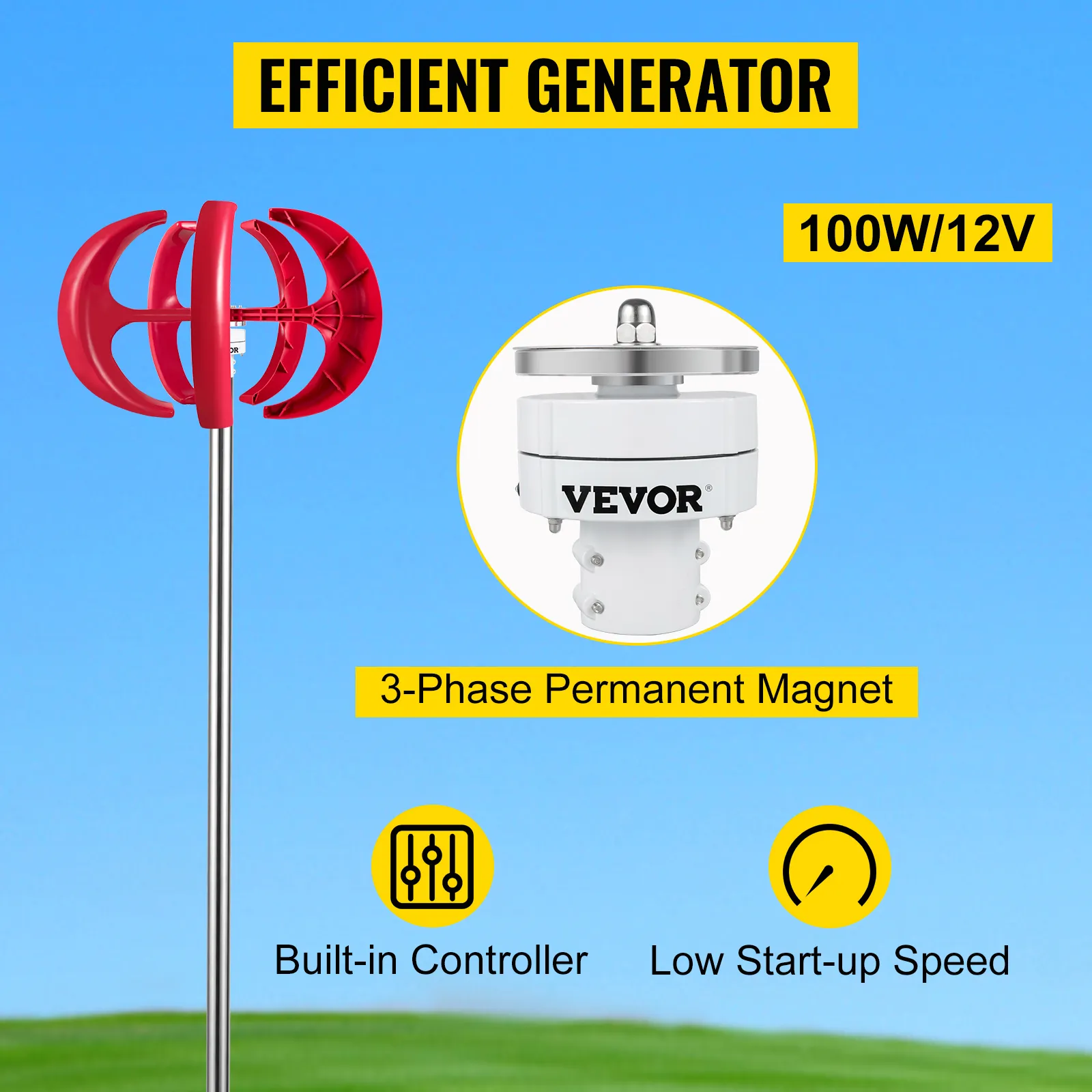 Turbina eolica a lanterna VEVOR, 100 W/12 V, generatore efficiente con bassa velocità di avviamento.