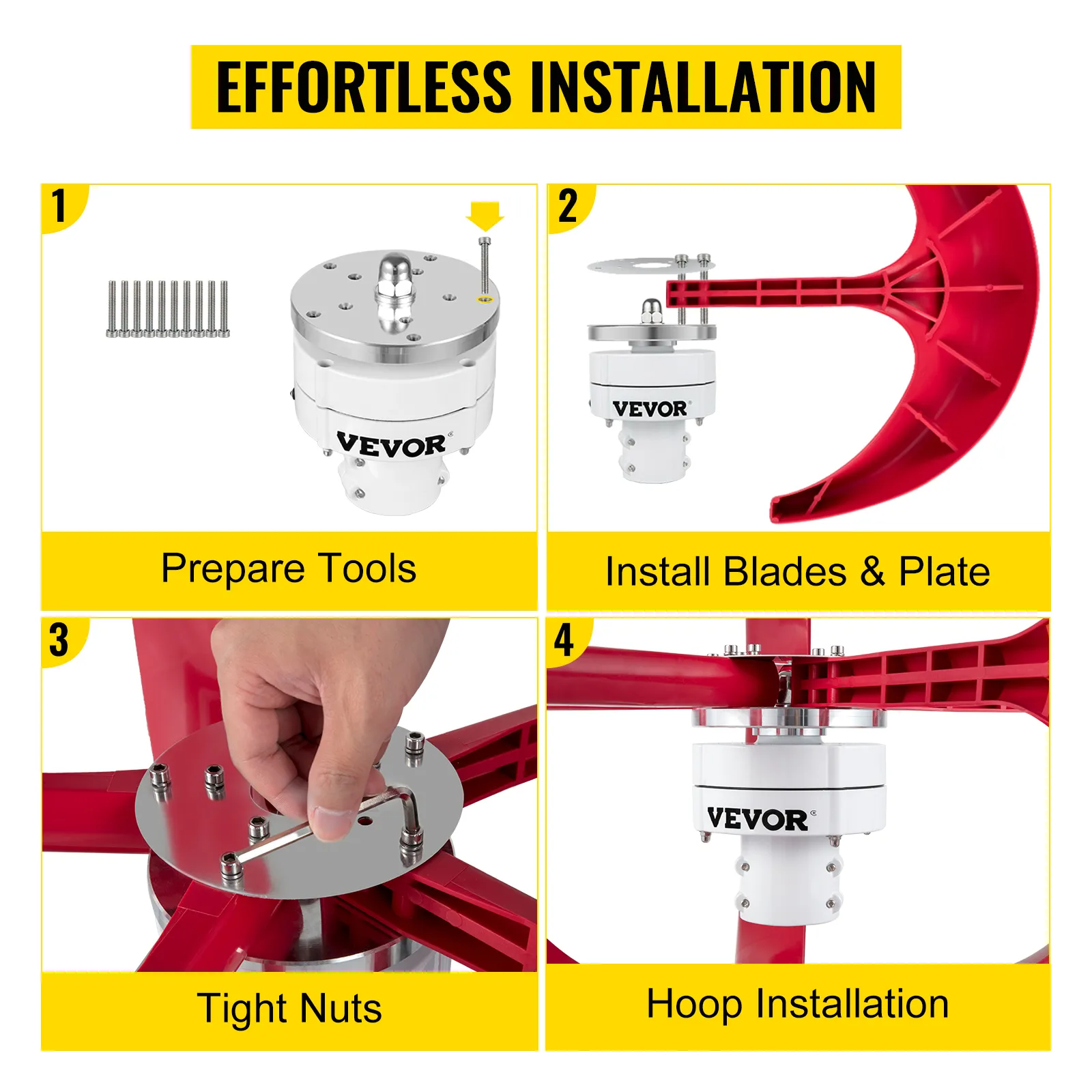 Fasi di installazione della turbina eolica a lanterna VEVOR: strumenti, pale, dadi, cerchio. Installazione senza sforzo.
