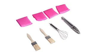 Herramientas para hornear y estropajos de limpieza rosados para el juego de mini panqueques VEVOR sobre fondo blanco