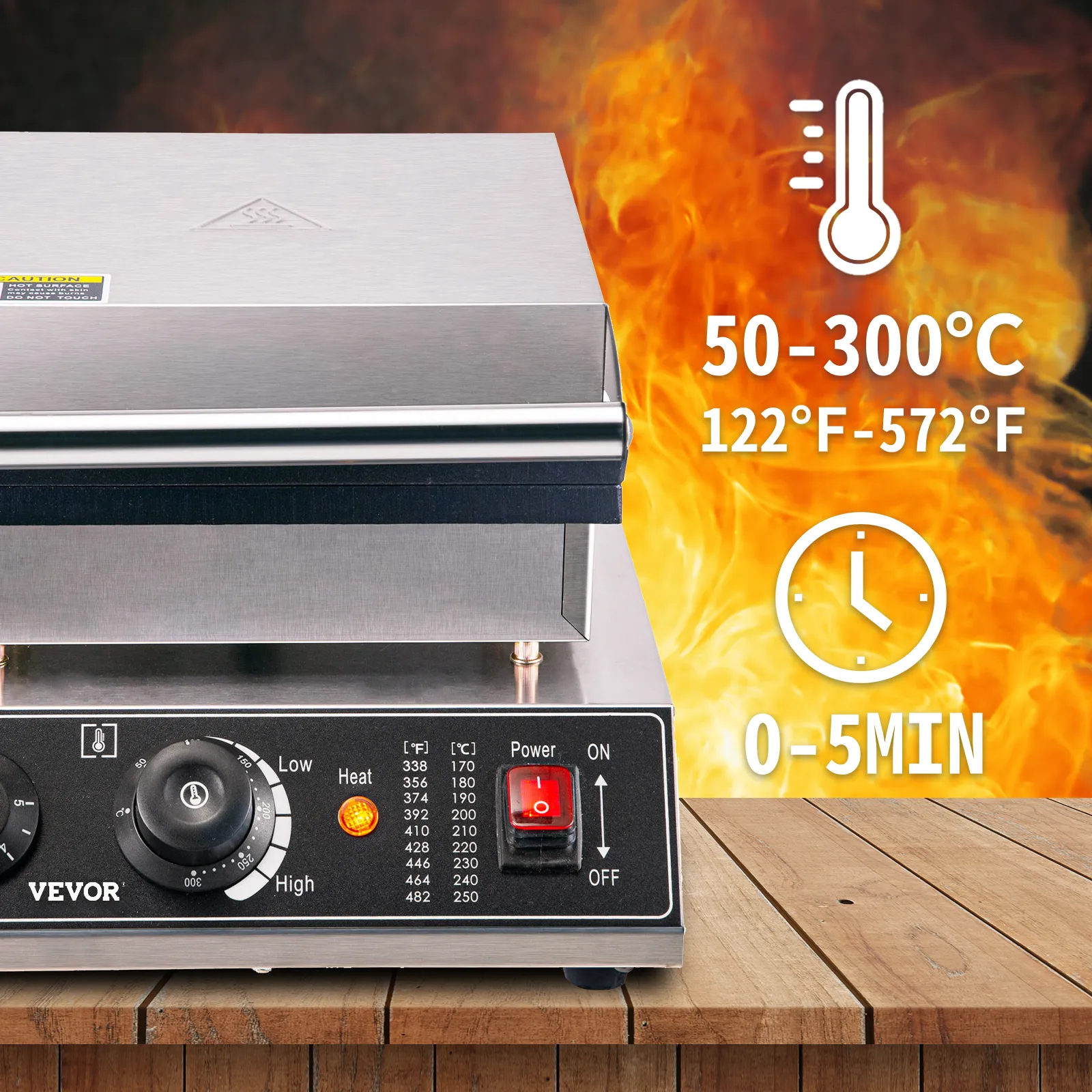 Mini máquina para hacer panqueques VEVOR con perilla de control de temperatura y temporizador, fondo de fuego.