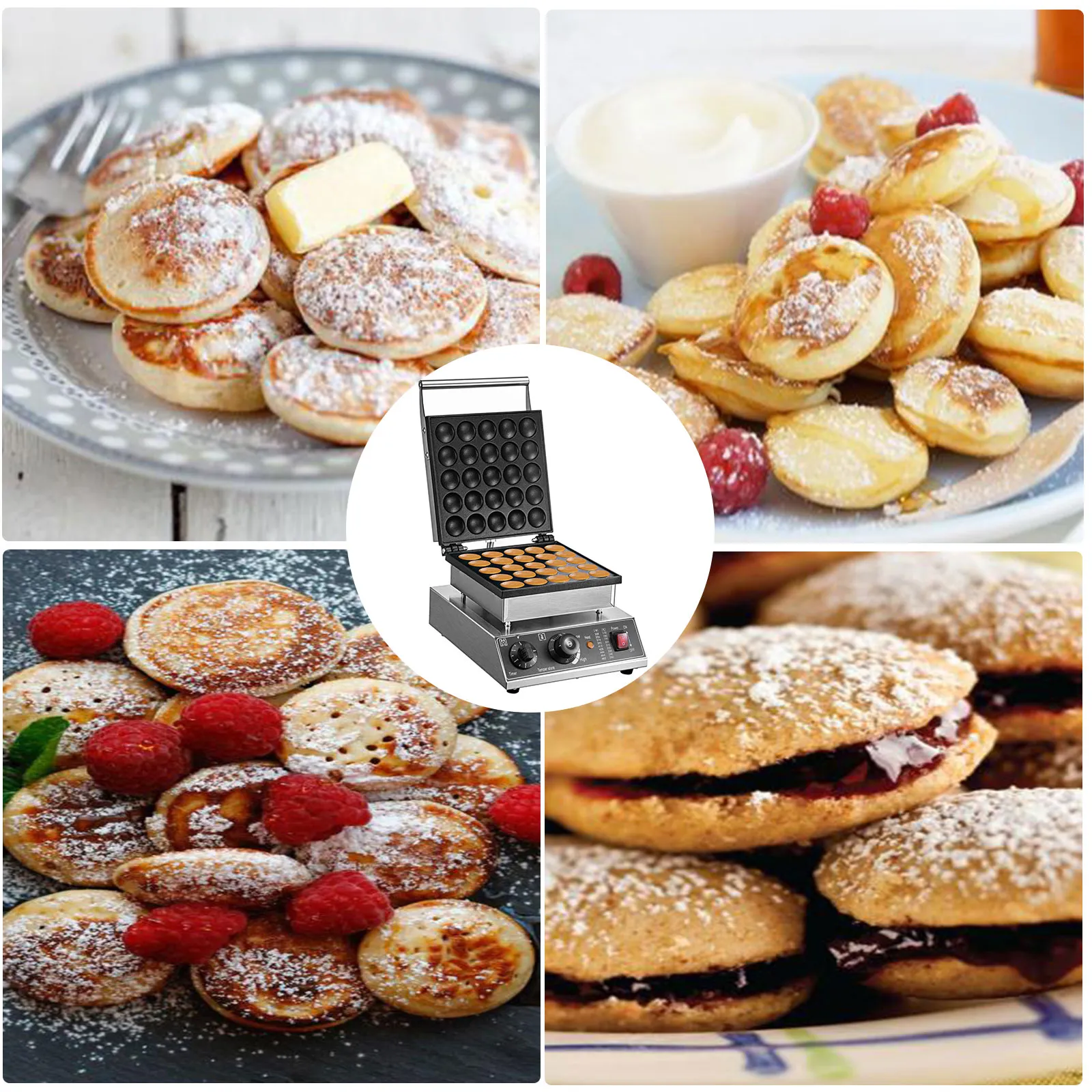 Mini máquina para hacer panqueques VEVOR con varios deliciosos mini panqueques cubiertos con azúcar en polvo.