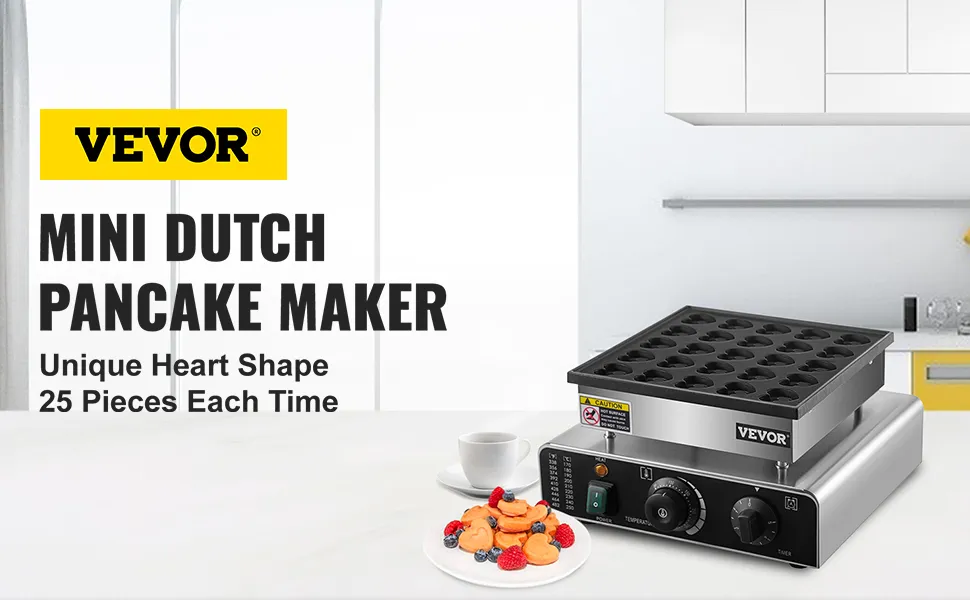 VEVOR mini dutch pancake maker with 25 heart-shaped molds on kitchen counter.