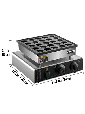 VEVOR mini dutch pancake maker with dimensions and control dials shown.