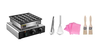 VEVOR mini dutch pancake maker with accessories: whisk, brush, and cloth.