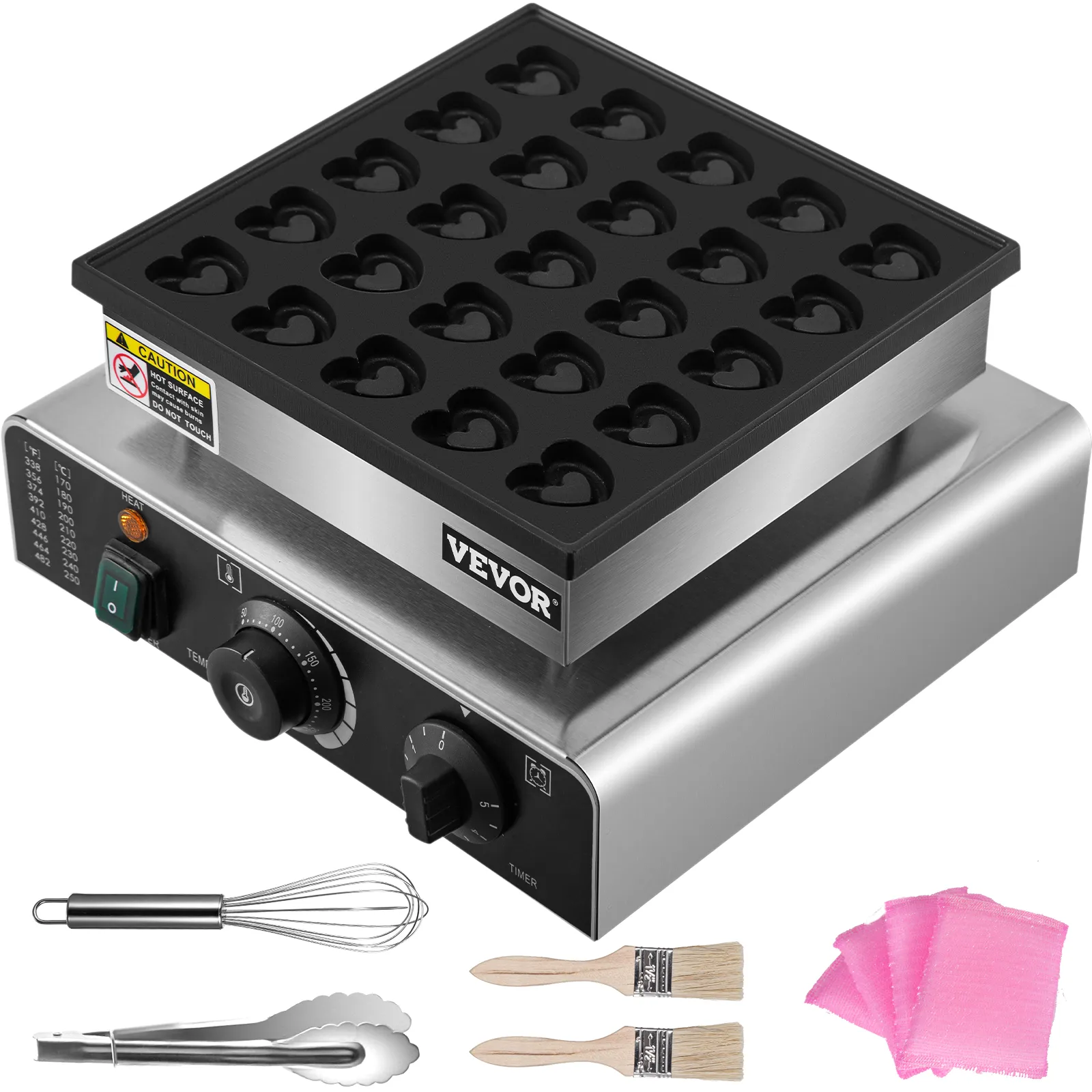 VEVOR mini dutch pancake maker with heart-shaped molds, brushes, whisk, tongs, and cloths.