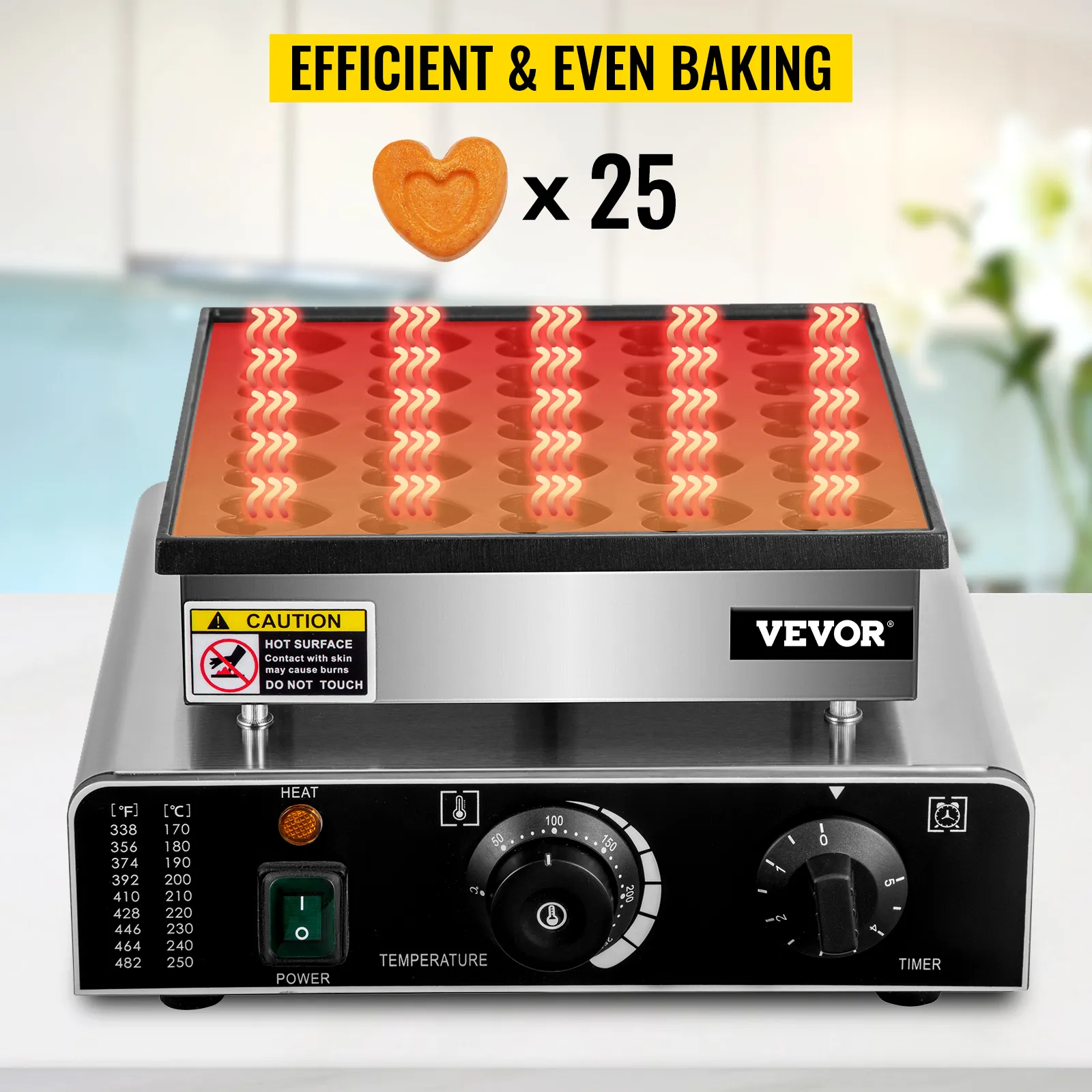 VEVOR mini dutch pancake maker with 25 heart-shaped molds for efficient, even baking.