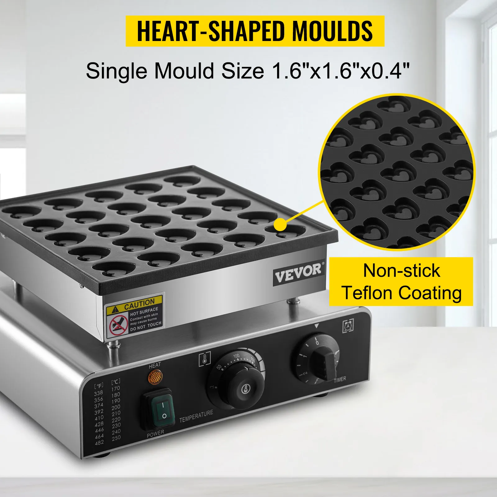 VEVOR mini dutch pancake maker with heart-shaped non-stick molds.