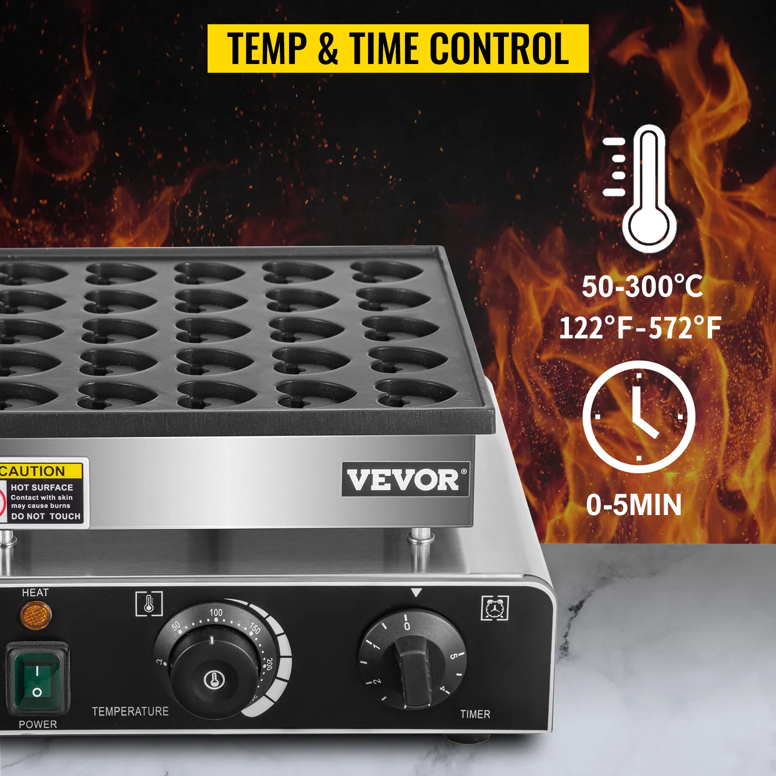 VEVOR mini dutch pancake maker with temp and time control knobs, 50-300°c, 0-5min.