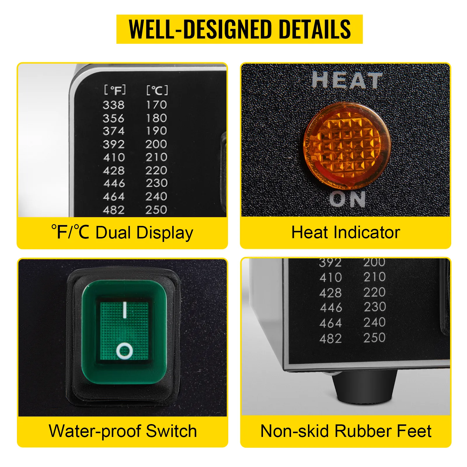 heat indicator, waterproof switch, non-skid feet, °f/°c dual display on VEVOR mini dutch pancake maker.