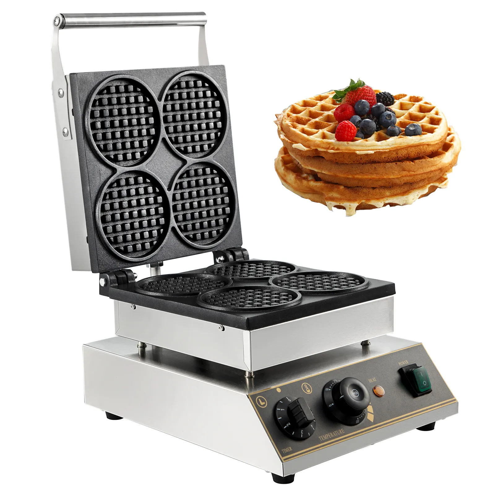 Máquina para hacer gofres VEVOR con placas abiertas y gofres recién hechos cubiertos con frutos rojos