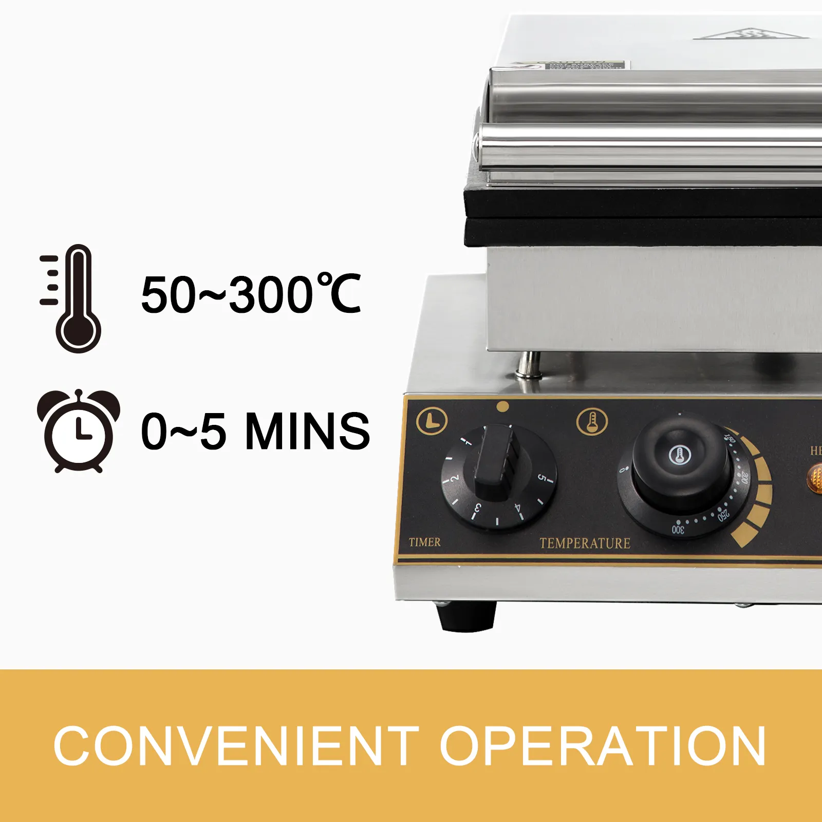 Controles de temperatura y temporizador de la máquina para hacer waffles VEVOR para una operación conveniente.