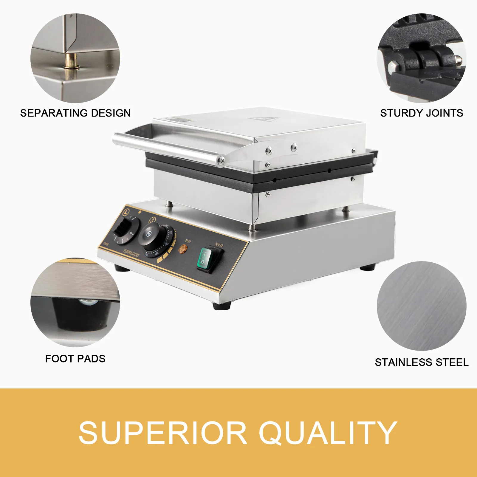 Máquina para hacer waffles VEVOR con acero inoxidable, juntas resistentes y diseño separador.