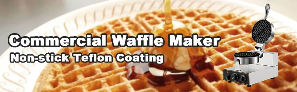 Kommerzielles Waffeleisen von VEVOR mit Antihaft-Teflonbeschichtung und einer frischen Waffel.
