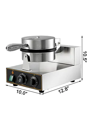 Kommerzielles Waffeleisen von VEVOR, 10,5 Zoll hoch, 12,8 Zoll tief und 10 Zoll breit, mit Bedienknöpfen.
