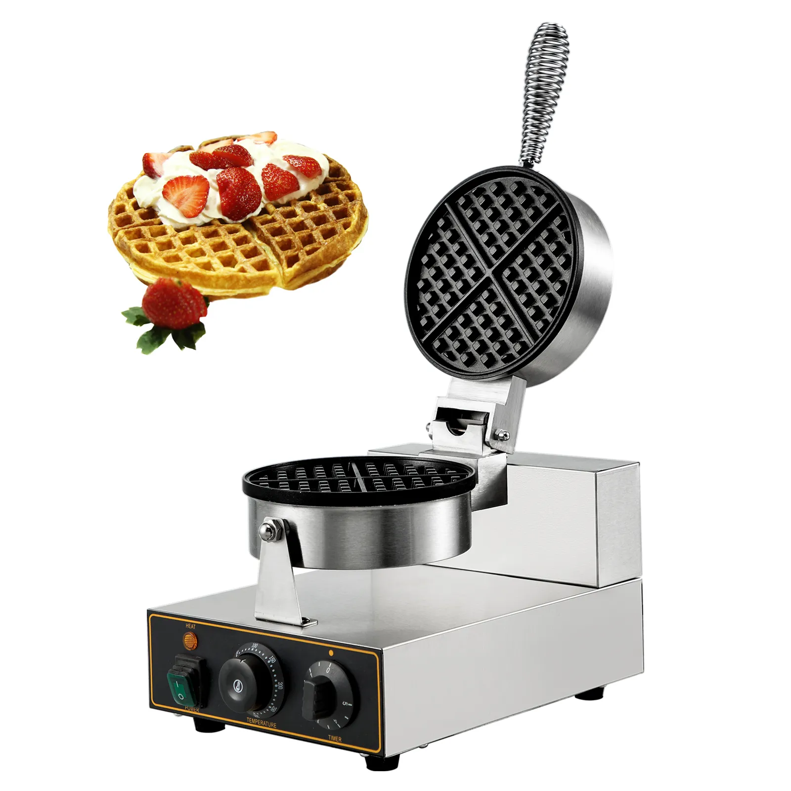 Kommerzielles Waffeleisen von VEVOR mit frischen Waffeln, garniert mit Erdbeeren und Sahne.
