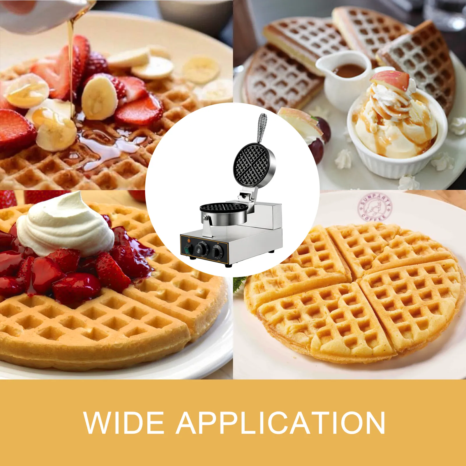 Kommerzielles Waffeleisen von VEVOR mit verschiedenen Waffelgerichten und dem Text „Breite Anwendung“.