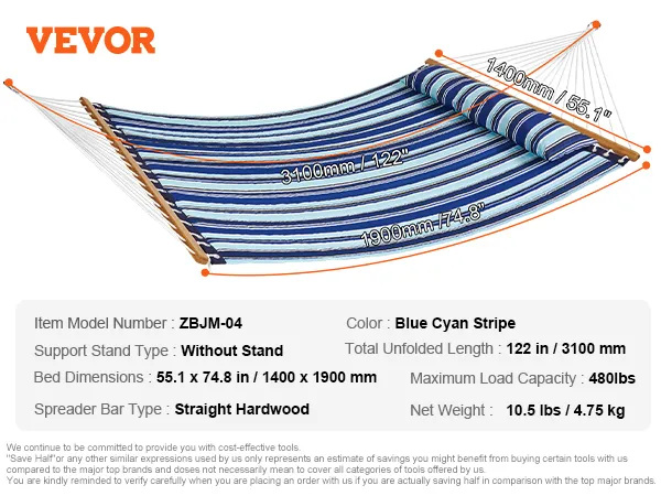VEVOR double hammock blue cyan stripe, 55.1 x 74.8 in, 480 lbs capacity, 10.5 lbs.