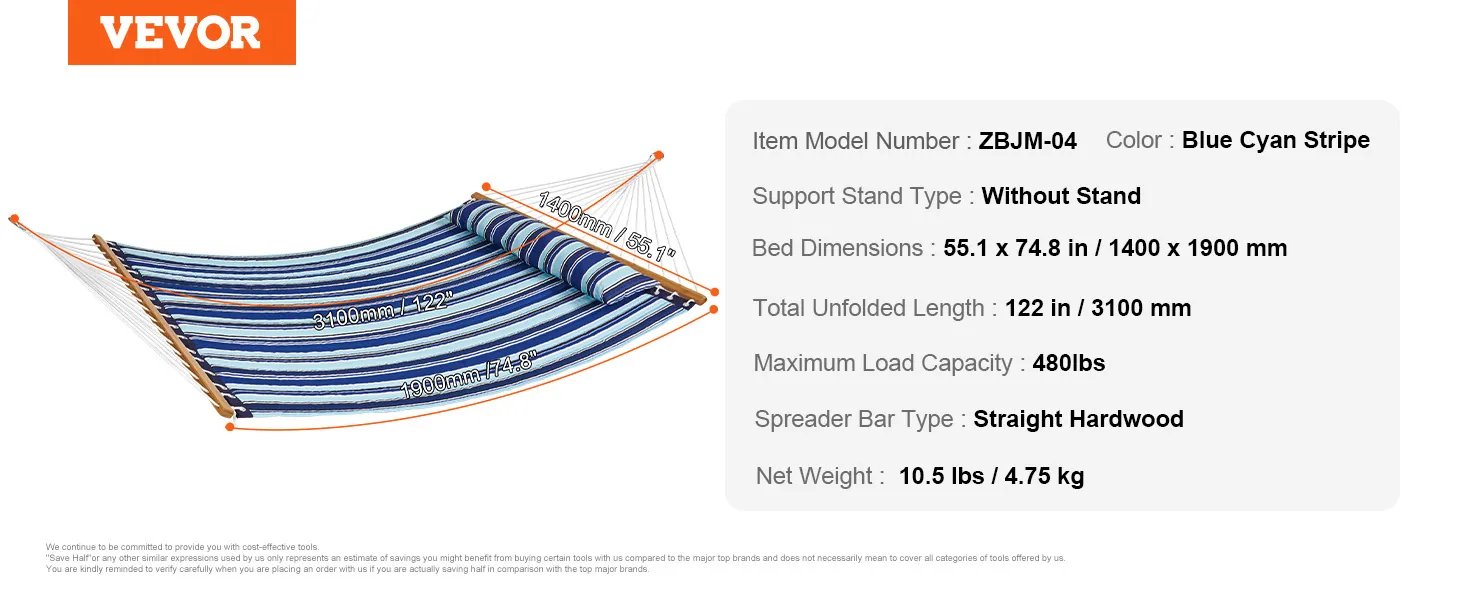 VEVOR double hammock blue cyan stripe, 55.1 x 74.8 in, 480 lbs capacity, 10.5 lbs.