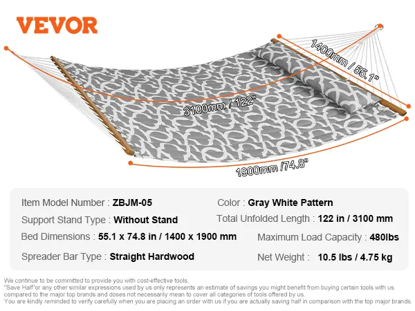 VEVOR double quilted hammock, gray white pattern, without stand, straight hardwood spreader bar, 480lbs capacity.