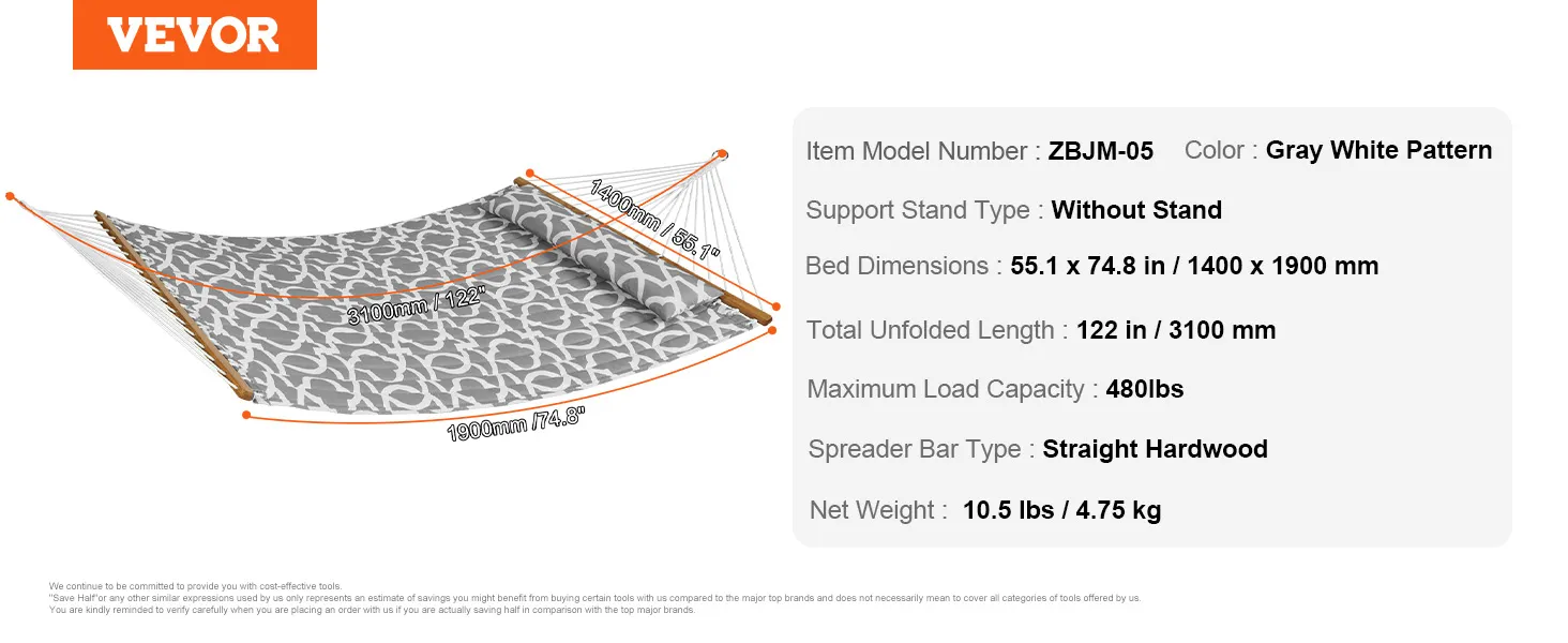 VEVOR double quilted hammock, gray white pattern, without stand, straight hardwood spreader bar, 480lbs capacity.