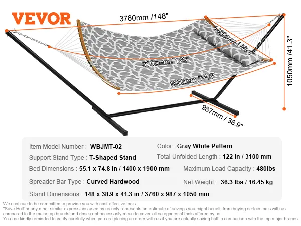 VEVOR double hammock with t-shaped stand, 480lbs capacity, curved hardwood spreader, gray white pattern.