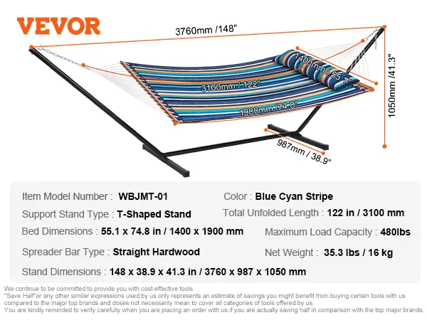 VEVOR double hammock with t-shaped stand and blue cyan stripe, 480lbs capacity, 55.1x74.8 in bed.
